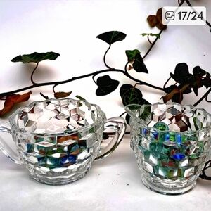 Sugar Creamer Set Clear Depression Glass 1930s Cube Pattern Jeannette Glass Co.